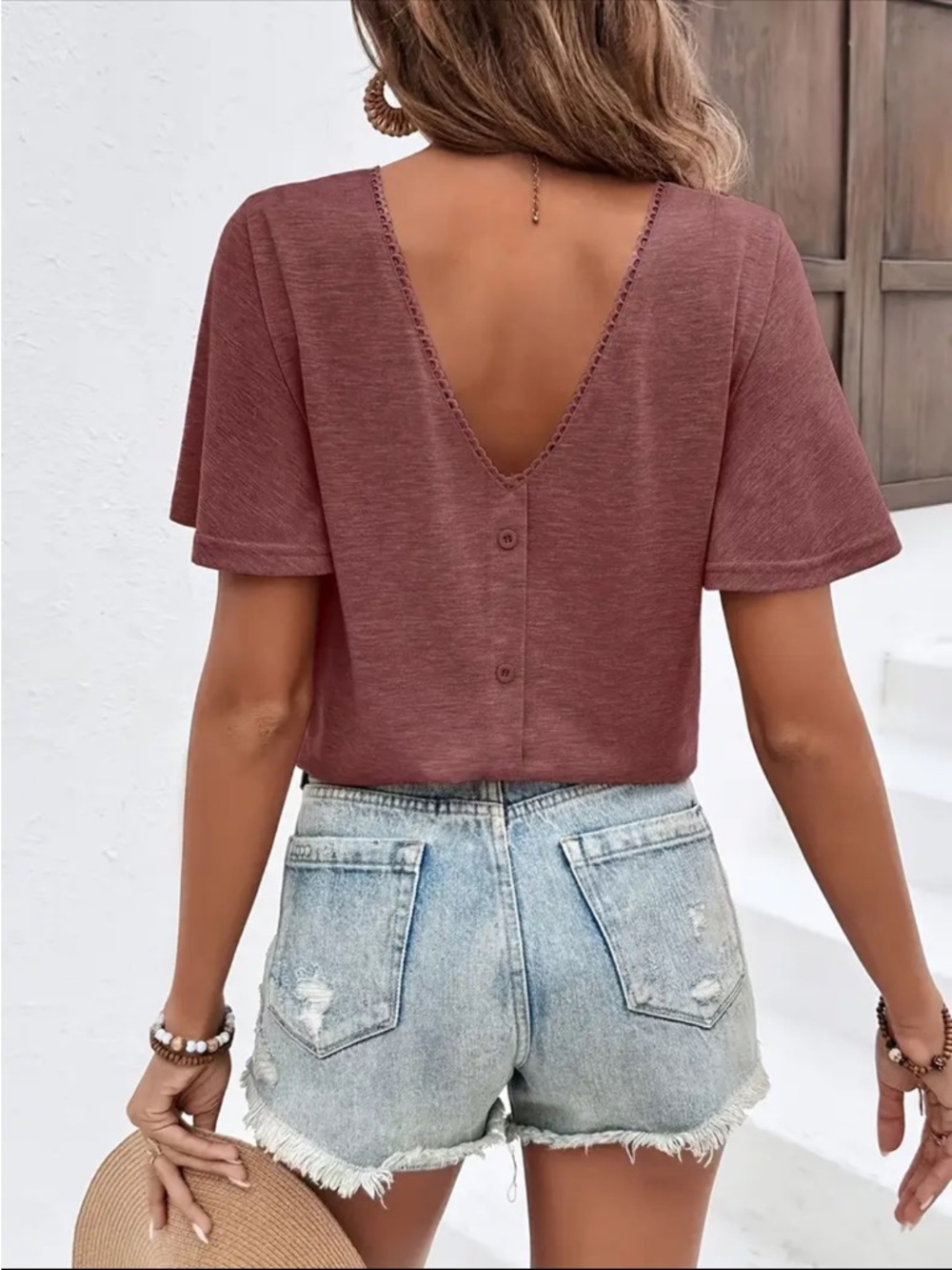 NWT. V-Neck Button-Back Short Sleeve Top - Dusty Rose